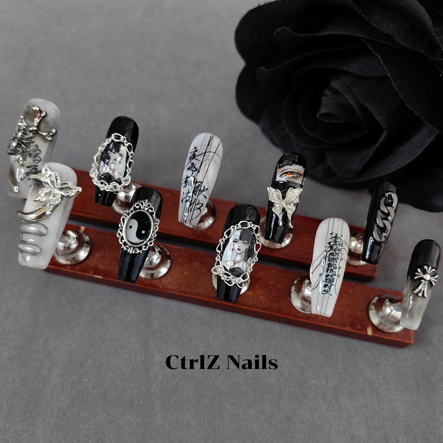Edgy Handmade Long Coffin Press On Nails Gothic Comic Girl