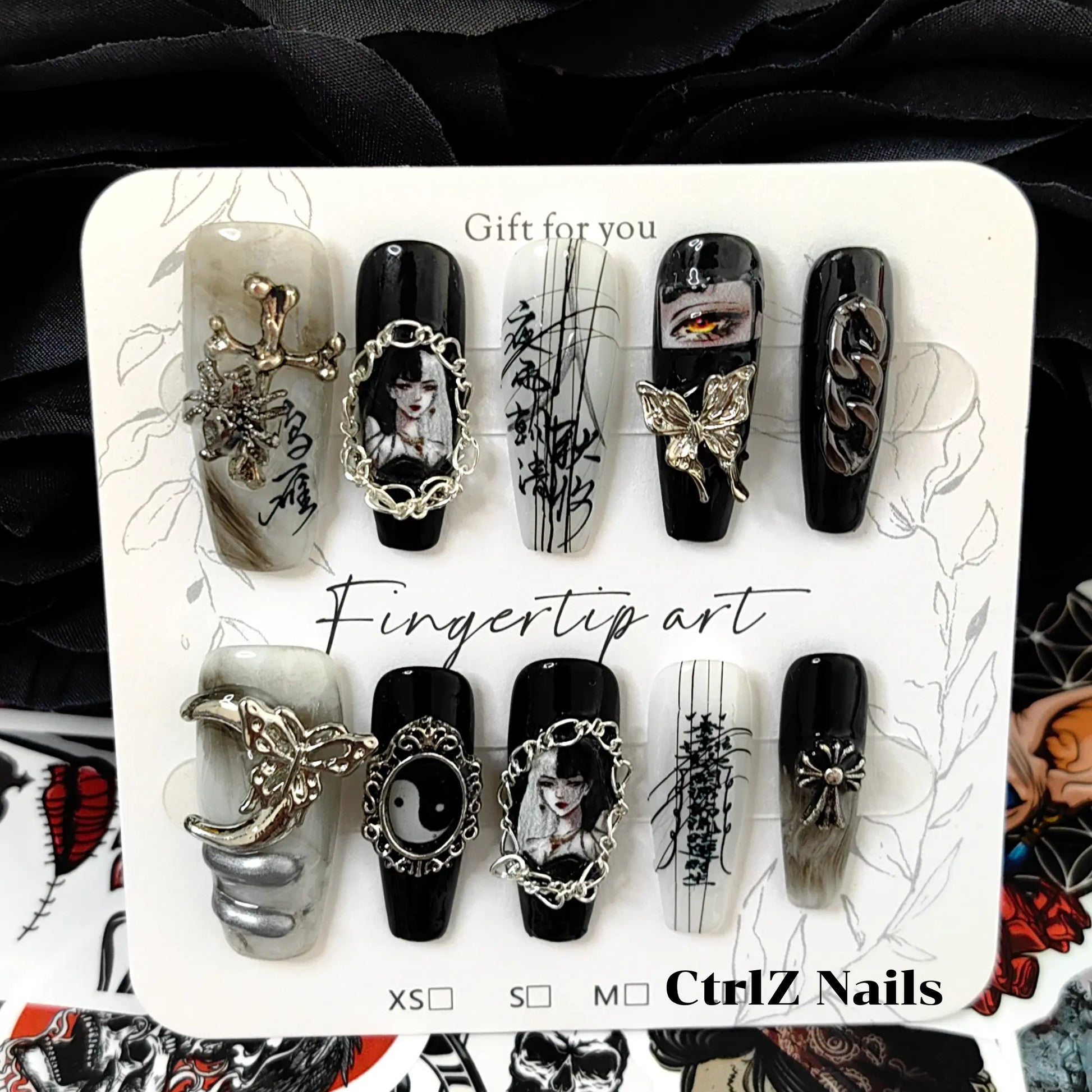 Hand-Painted Dark Gothic Comic Girl Long Coffin Fake Nails