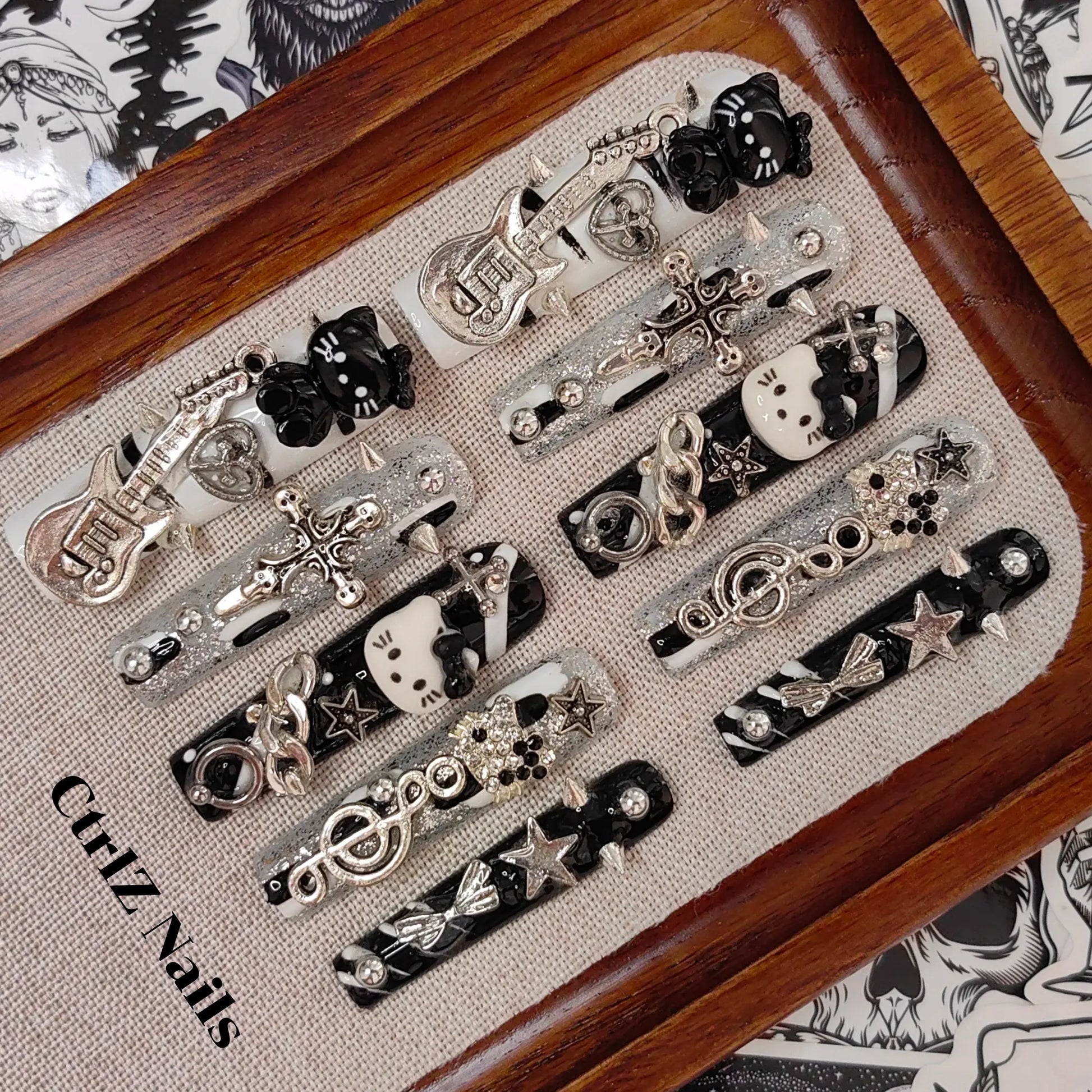 Punk Kitty Long Coffin Press On Nails Handmade Dark Gothic Fake Nails