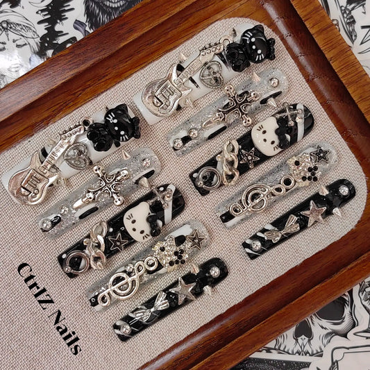 Punk Kitty Long Coffin Press On Nails Handmade Dark Gothic Fake Nails