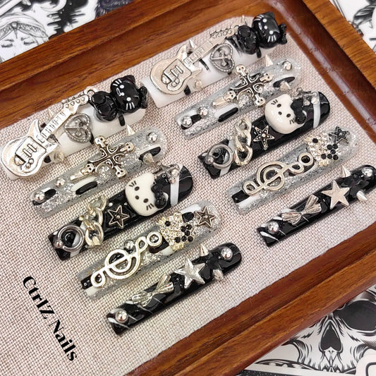 Handmade Coffin Fake Nails Dark Gothic Punk Kitty Design