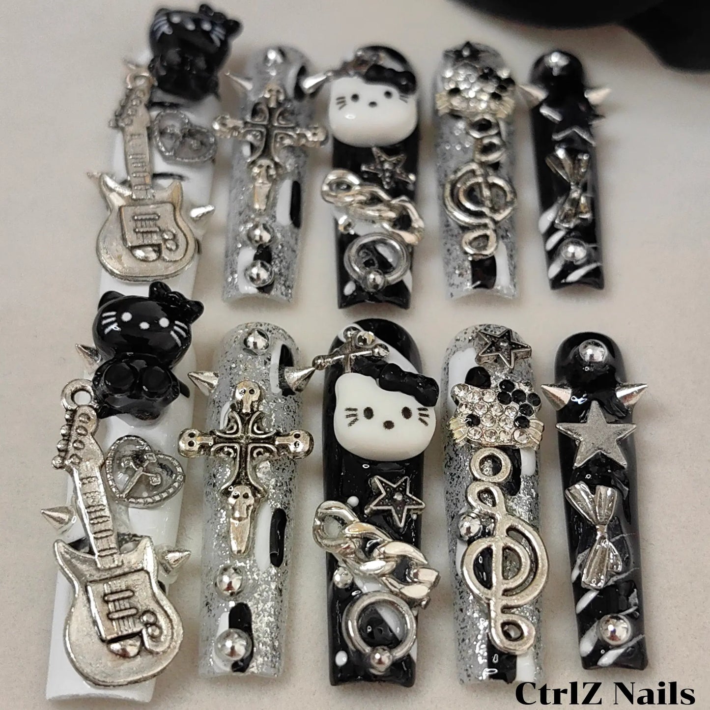 Close-Up Dark Punk Kitty Long Coffin Press On Nails Handmade