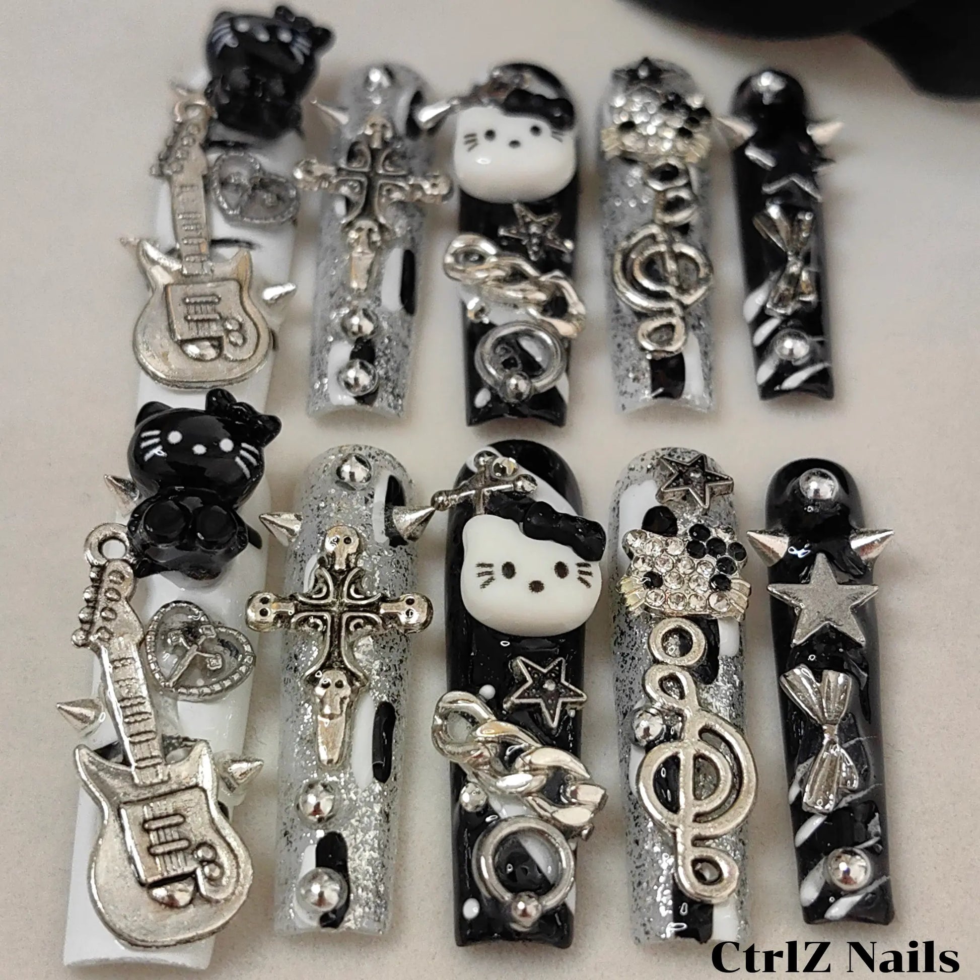 Close-Up Dark Punk Kitty Long Coffin Press On Nails Handmade