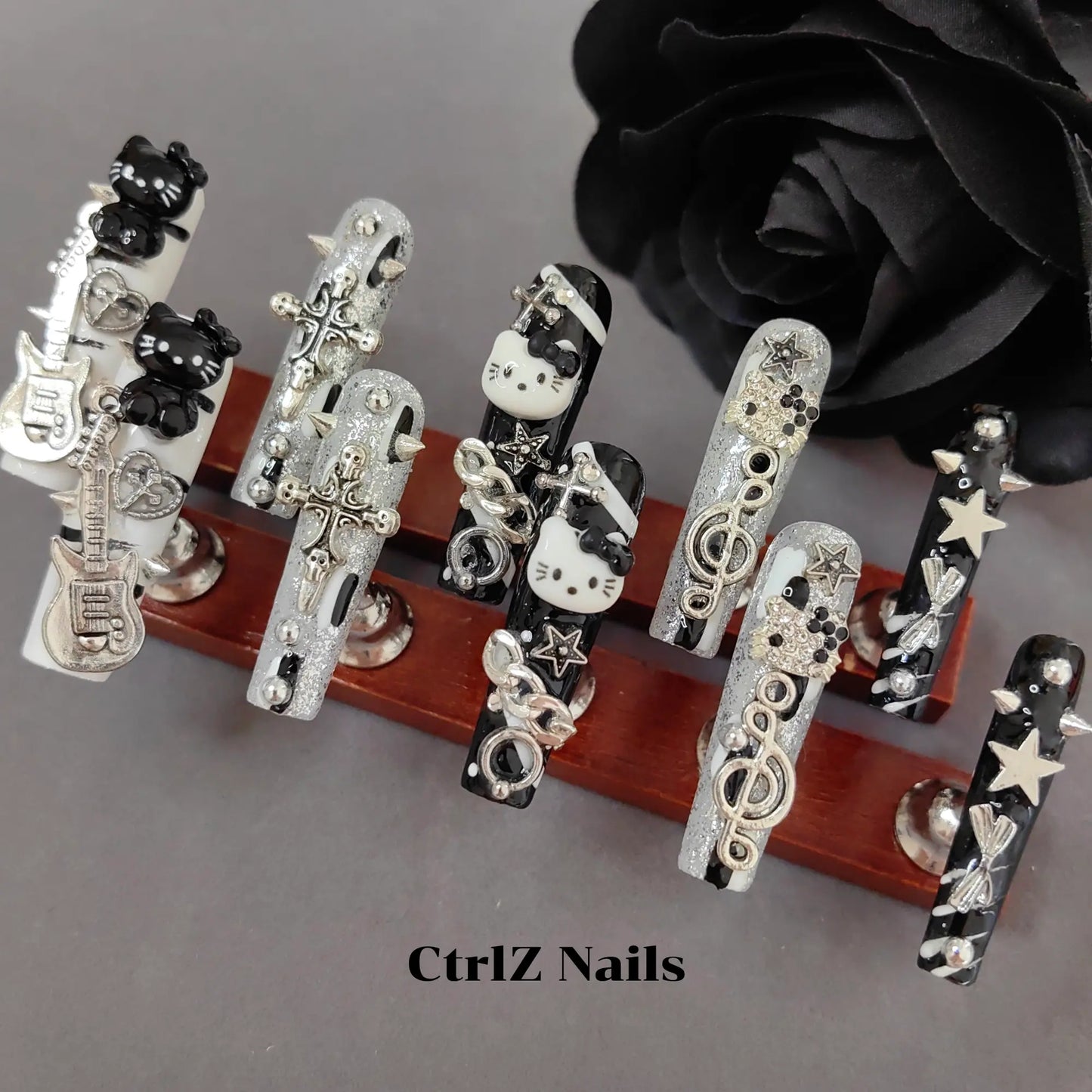 Long Coffin Handmade Press On Nails Dark Gothic Punk Kitty Design