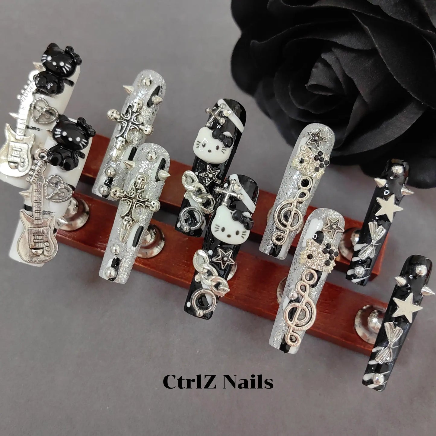 Edgy Dark Gothic Punk Kitty Handmade Long Coffin Press On Nails