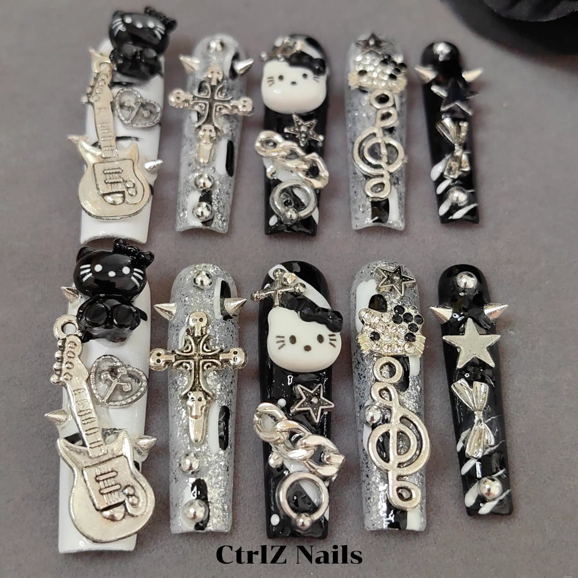 Hand-Painted Dark Gothic Punk Kitty Long Coffin Press On Nails