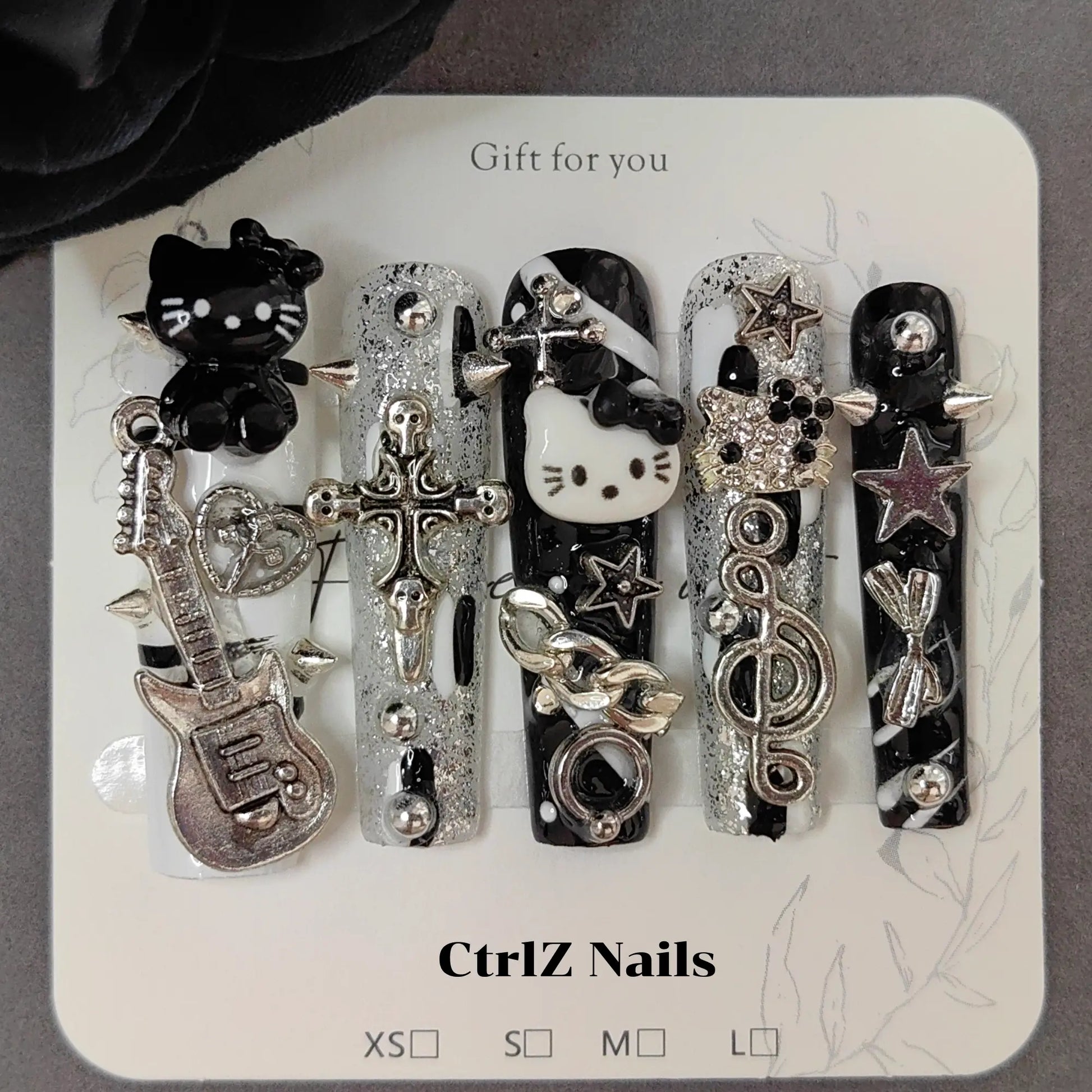 Fashion-Forward Punk Kitty Dark Gothic Handmade Long Coffin Press On Nails