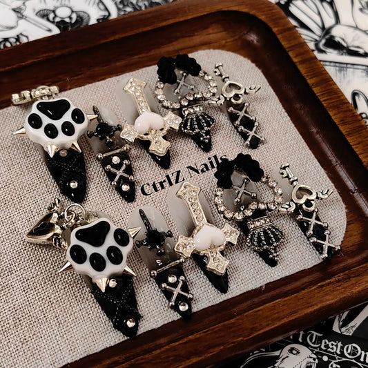 Handmade Stiletto & Almond Fake Nails Dark Gradient Angel Kitty Claw