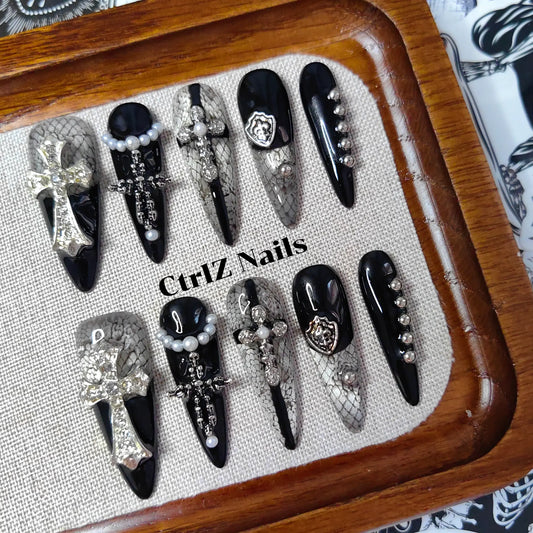 Cross & Lace Y2K Long Stiletto Press On Nails Handmade Dark Anime