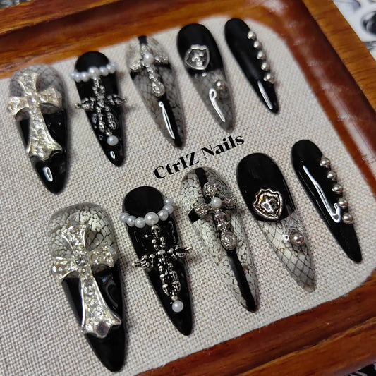 Handmade Stiletto Fake Nails Dark Y2K Cross & Lace Anime Design
