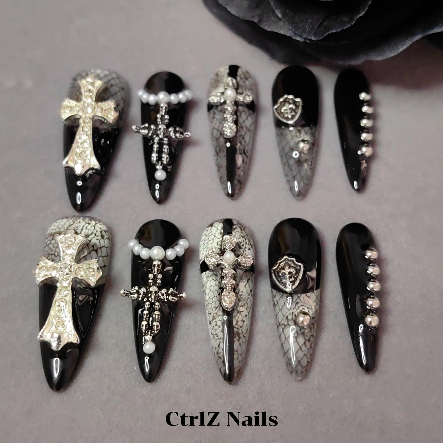 Close-Up Y2K Cross & Lace Dark Anime Long Stiletto Press On Nails Handmade