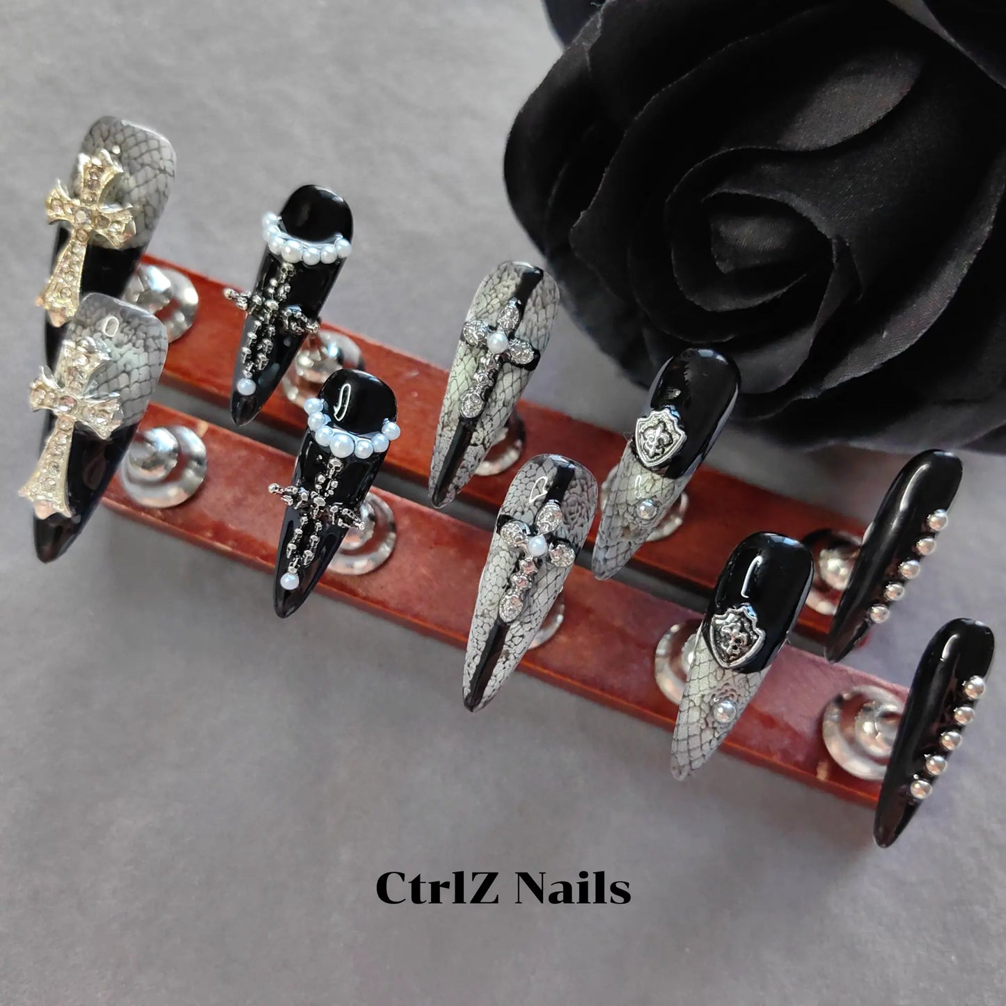 Long Stiletto Handmade Press On Nails Dark Y2K Cross & Lace Anime