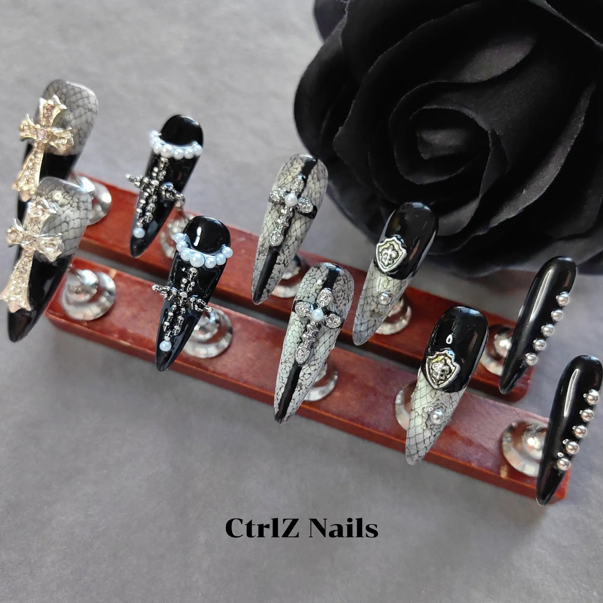 Edgy Handmade Long Stiletto Press On Nails Y2K Cross & Lace Dark Anime