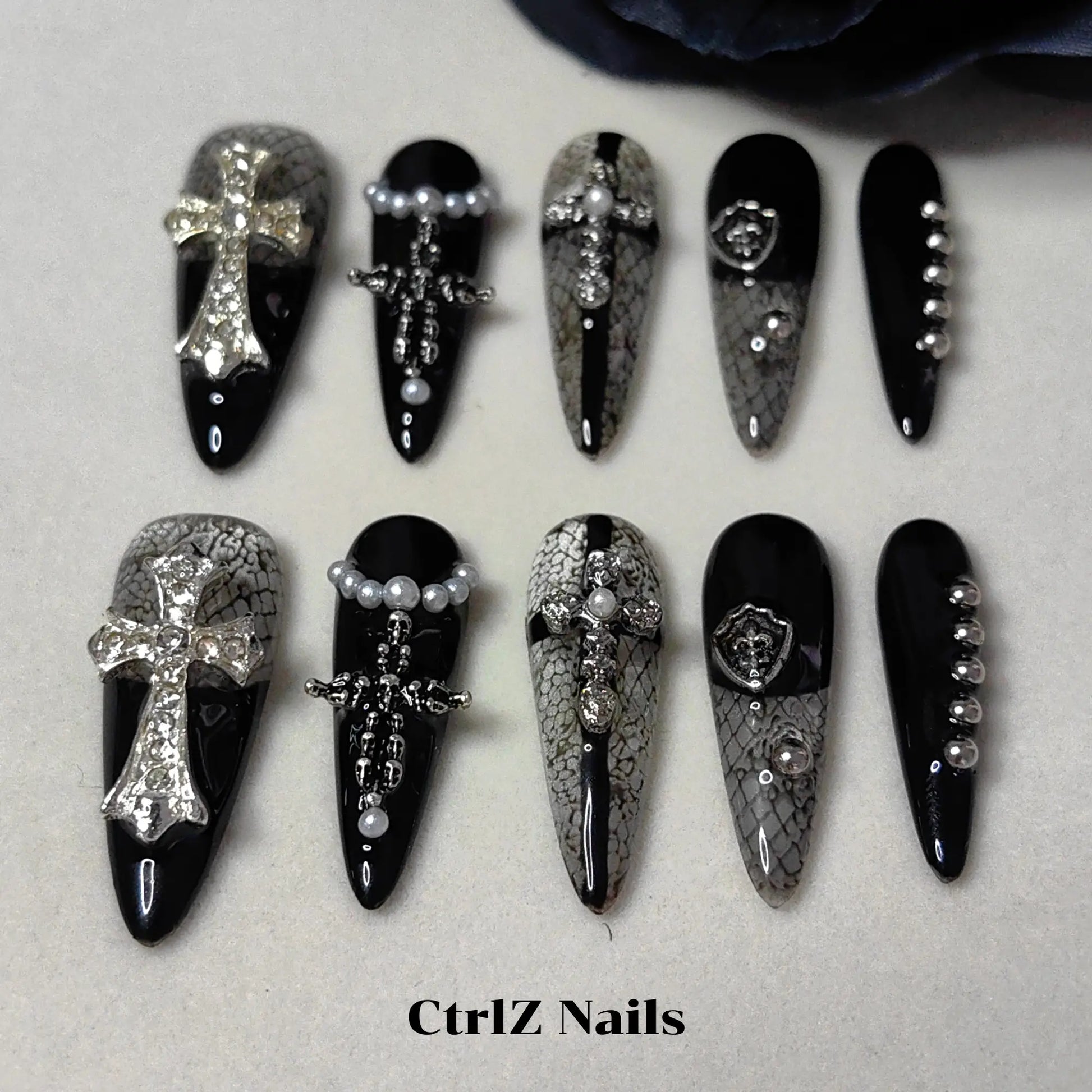 Hand-Painted Dark Y2K Cross & Lace Anime Long Stiletto Nails