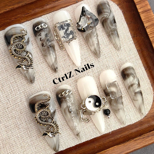 Black White Bagua Long Stiletto Press On Nails Handmade Chinese Gothic