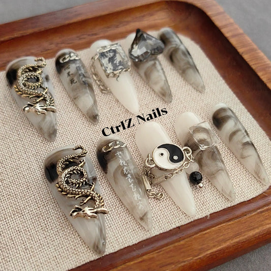 Handmade Stiletto Fake Nails Black White Bagua Design