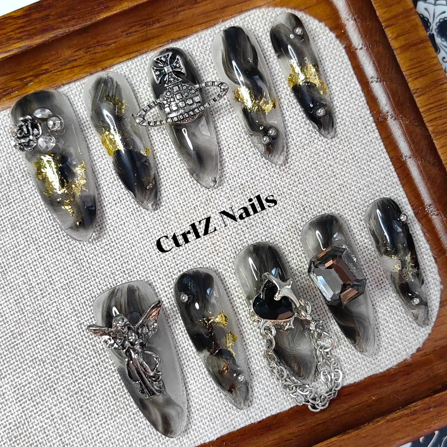 Dark Sweet Metal Rose Long Stiletto Press On Nails Handmade Black Gothic