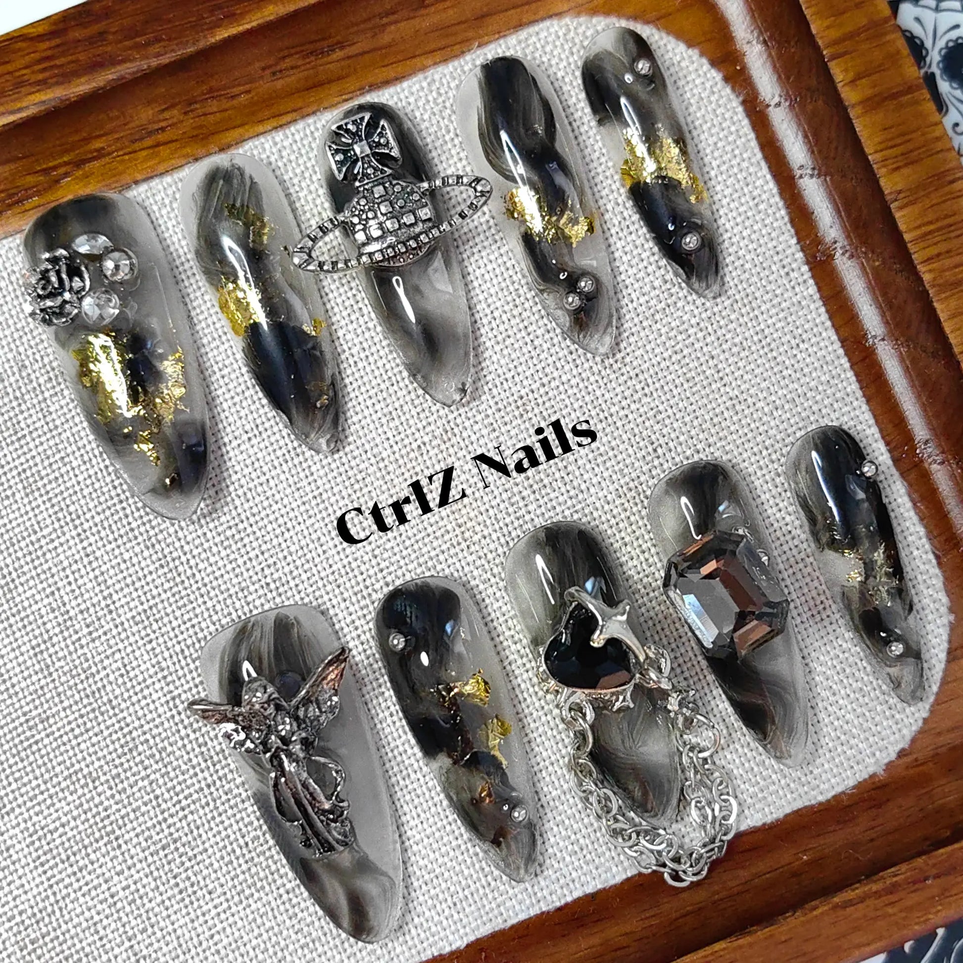 Dark Sweet Metal Rose Long Stiletto Press On Nails Handmade Black Gothic
