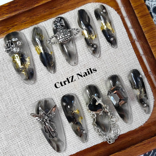 Dark Sweet Metal Rose Long Stiletto Press On Nails Handmade Black Gothic