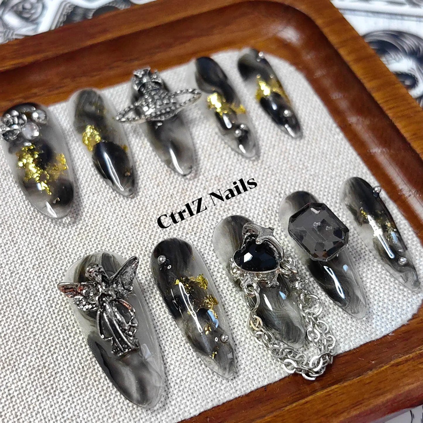 Handmade Stiletto Fake Nails Dark Gothic Black Metal Rose Design
