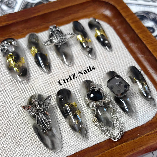 Handmade Stiletto Fake Nails Dark Gothic Black Metal Rose Design