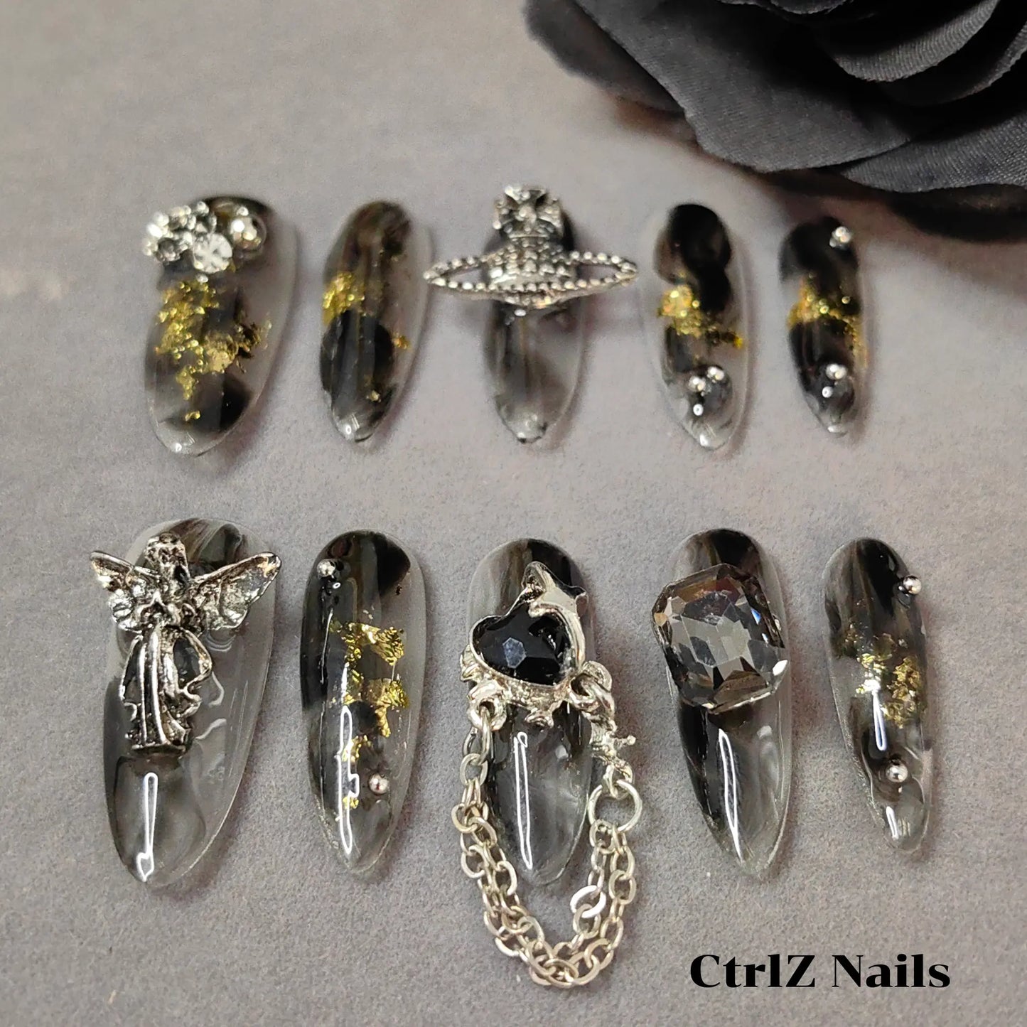 Close-Up Dark Sweet Metal Rose Long Stiletto Press On Nails Handmade