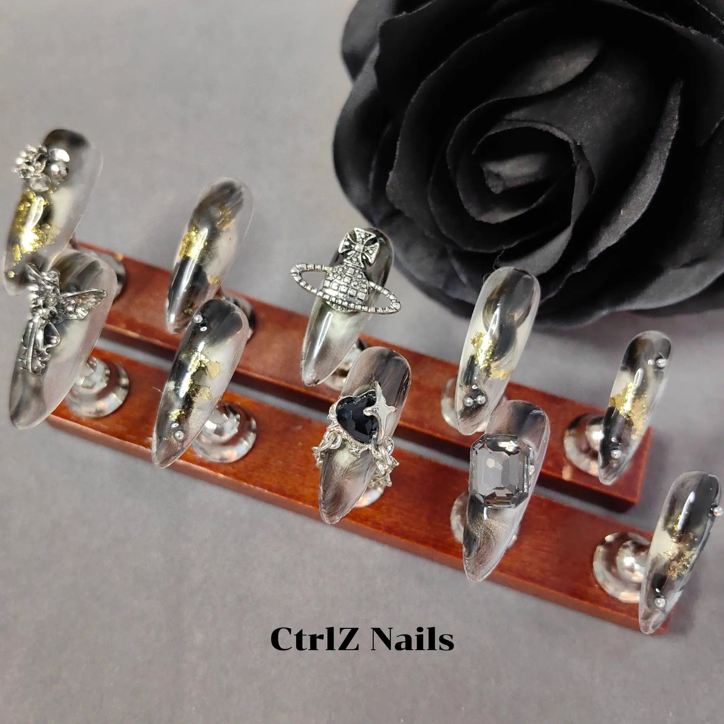 Long Stiletto Handmade Press On Nails Black Gothic Dark Metal Rose