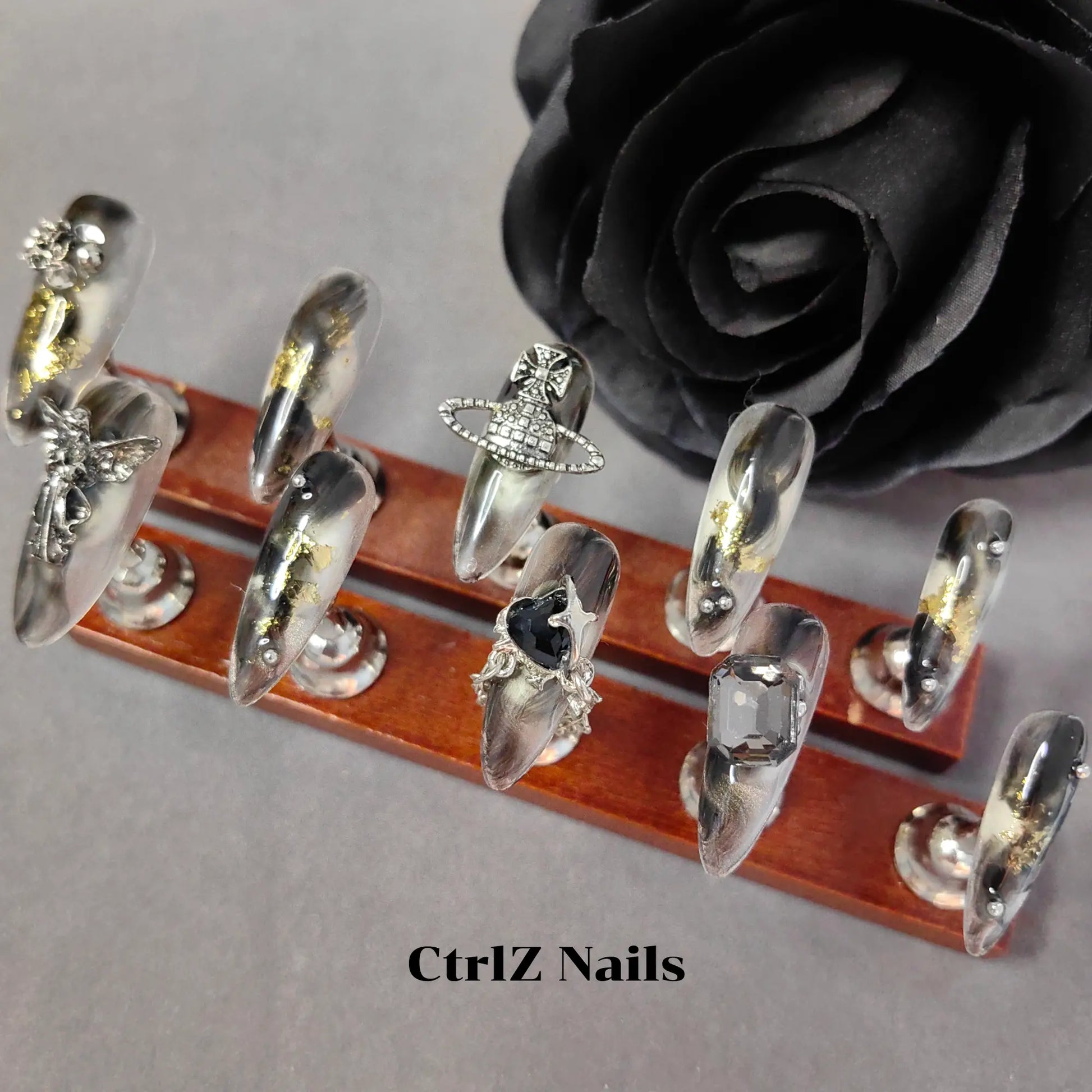 Long Stiletto Handmade Press On Nails Black Gothic Dark Metal Rose