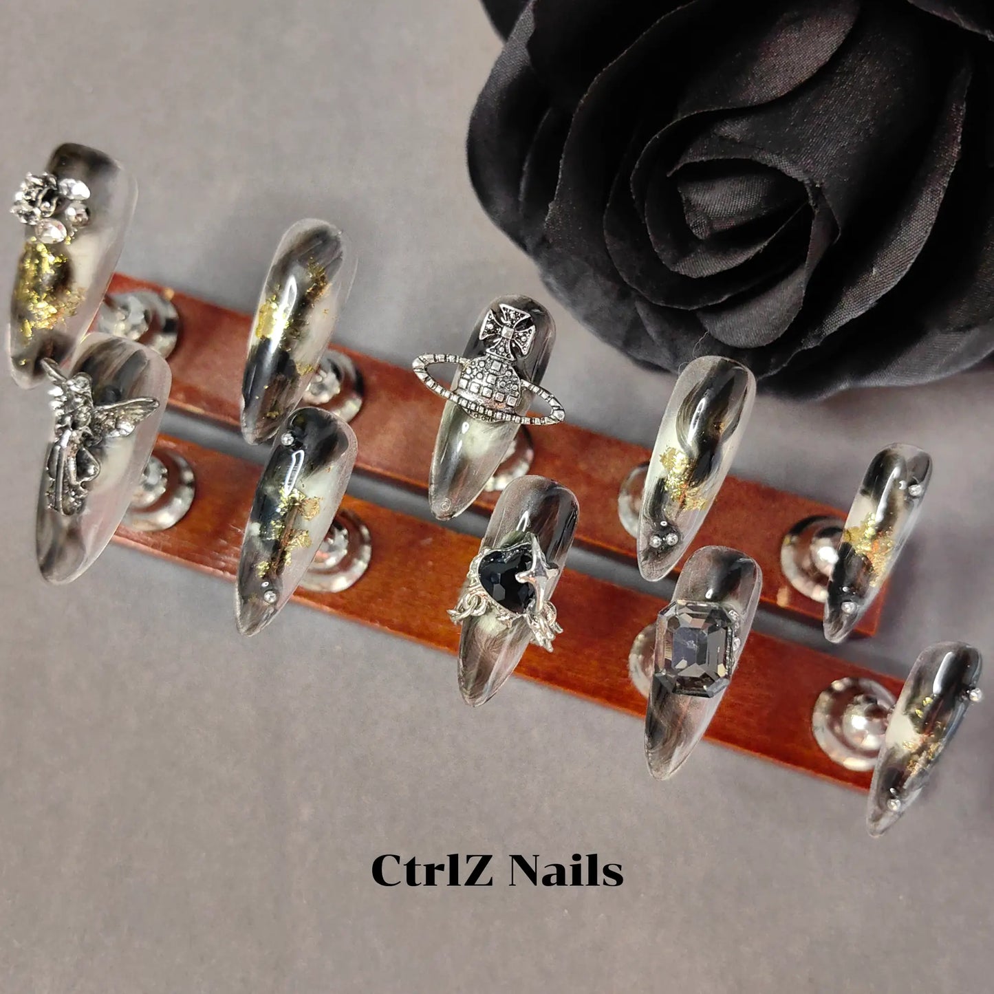 Edgy Dark Gothic Black Metal Rose Handmade Long Stiletto Press On Nails