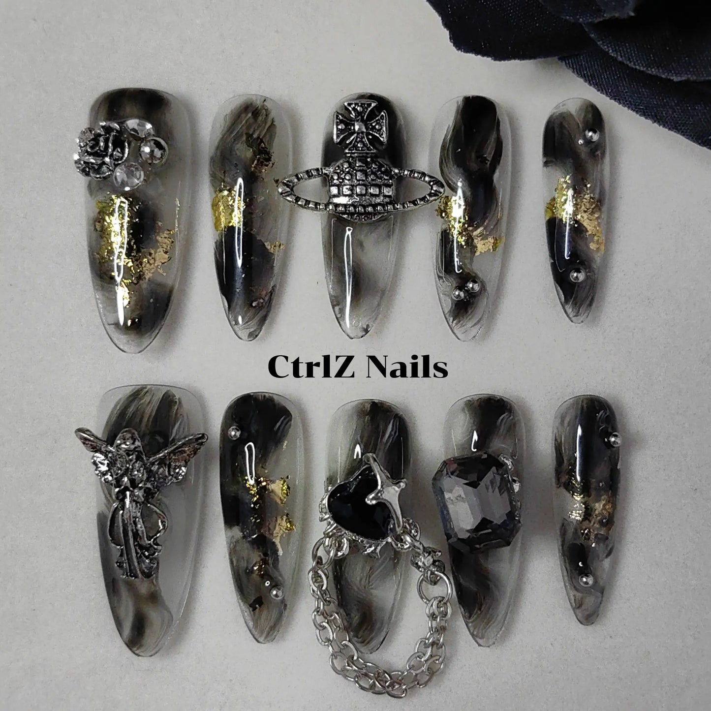 Hand-Painted Dark Sweet Metal Rose Black Gothic Long Stiletto Nails