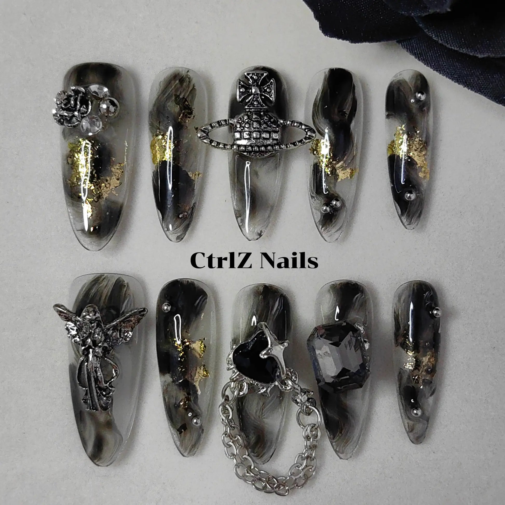 Hand-Painted Dark Sweet Metal Rose Black Gothic Long Stiletto Nails
