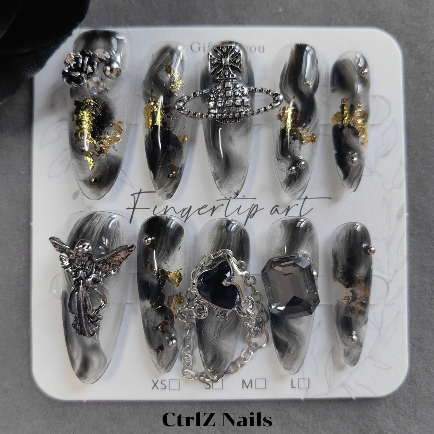Fashion-Forward Dark Sweet Metal Rose Long Stiletto Press On Nails Handmade
