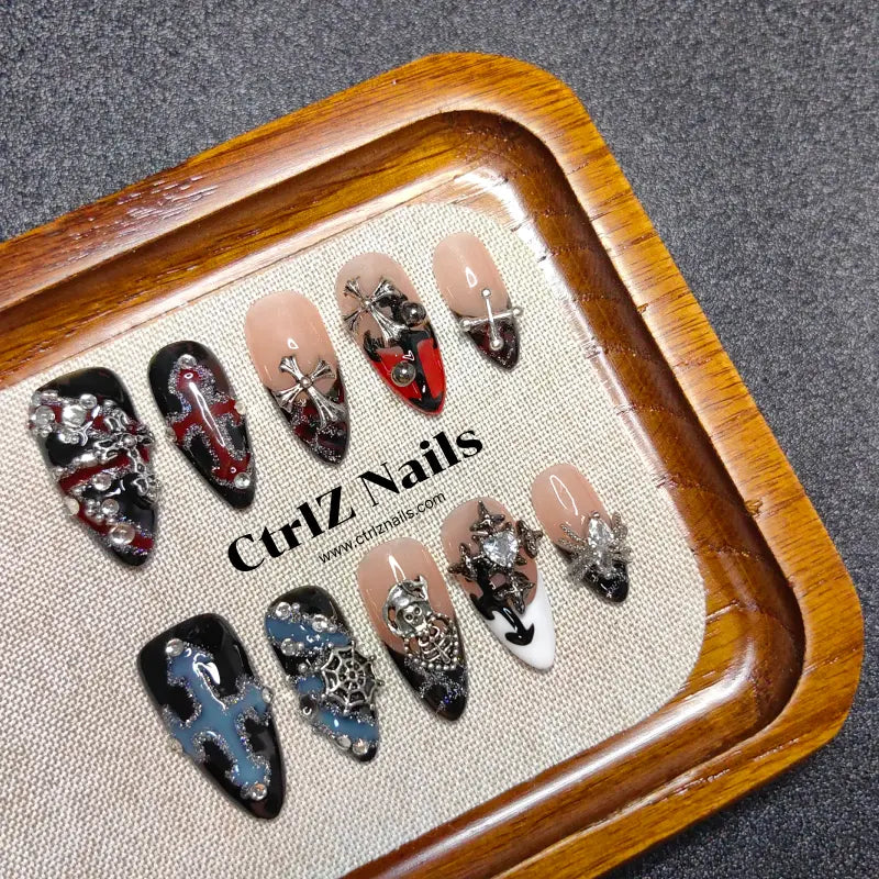 Handmade Dark Cross & Chrome Hearts Press-On Nails