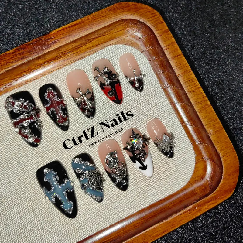 Handmade Dark Cross & Chrome Hearts Press-On Nails