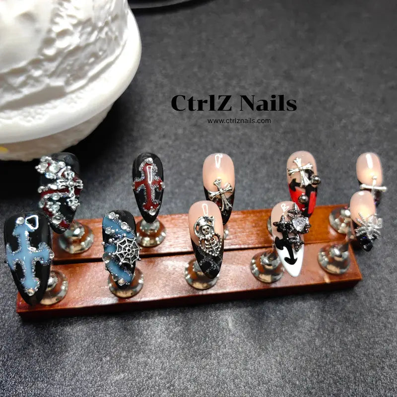 Handmade Dark Cross & Chrome Hearts Press-On Nails