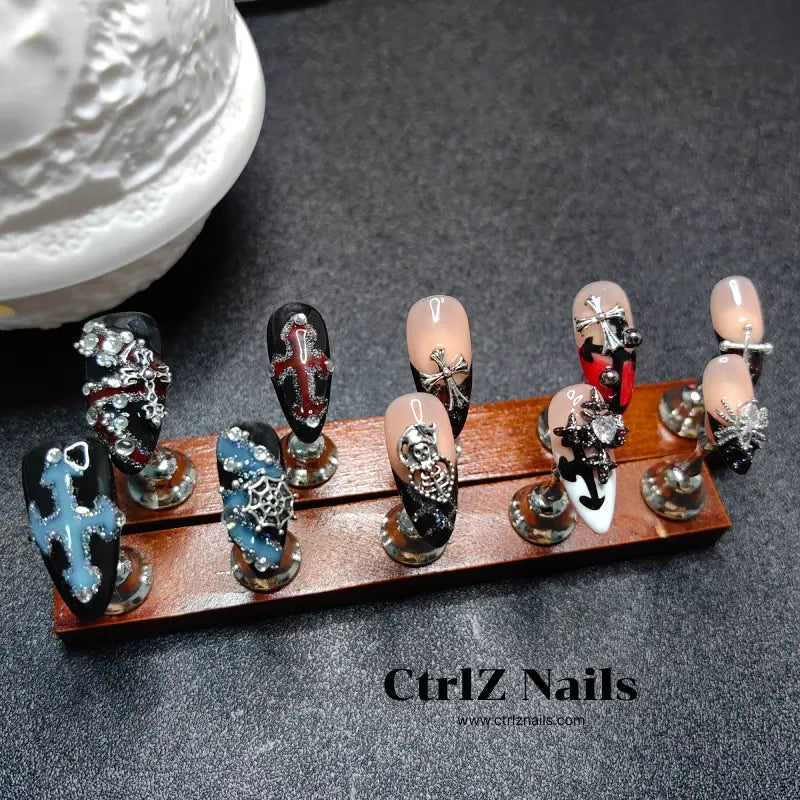 Handmade Dark Cross & Chrome Hearts Press-On Nails