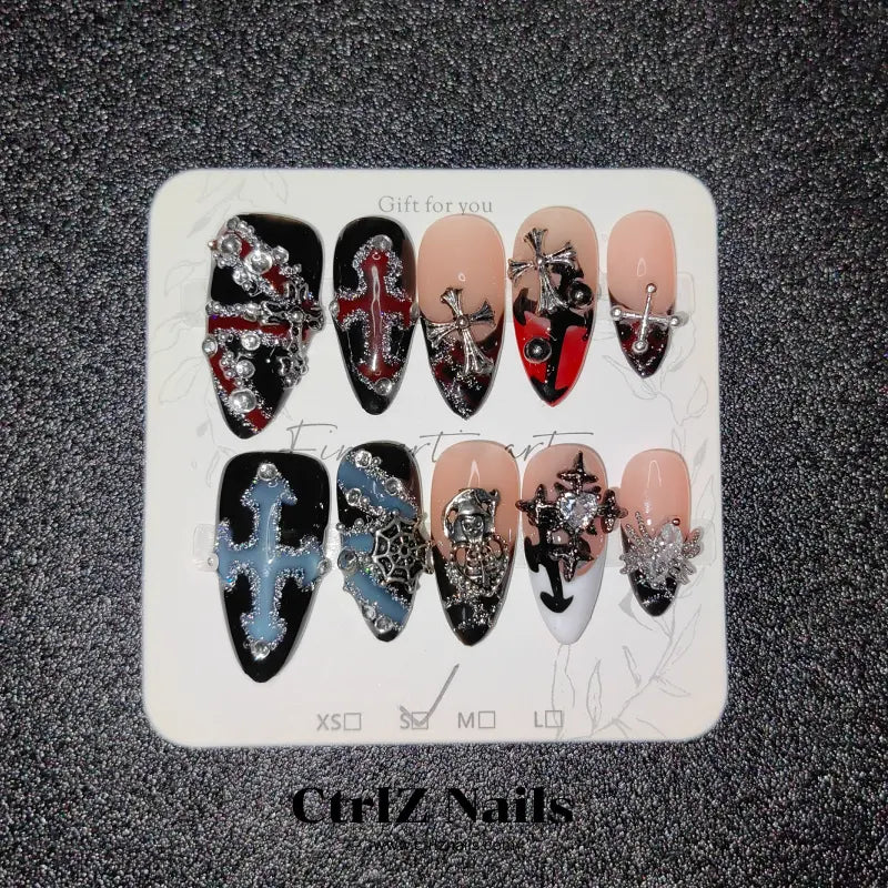 Handmade Dark Cross & Chrome Hearts Press-On Nails