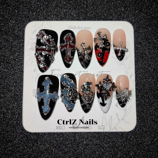 Handmade Dark Cross & Chrome Hearts Press-On Nails