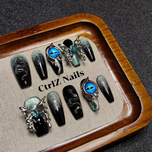 Ocean Deep Eyes press on nails with deep dark gradient handmade details