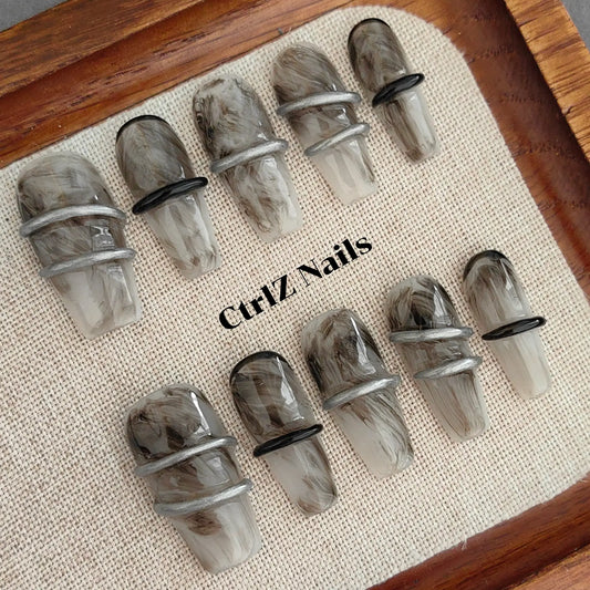 Dark Gothic Medium Coffin Press On Nails with Ink Wash Smoke and Vine Hand-Painted Design
