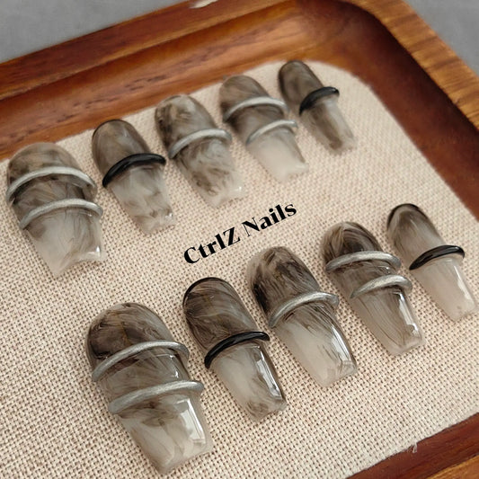 Handmade Fake Nails Medium Coffin Dark Gothic Style with Smoky Watercolor and Mechanical Accents
