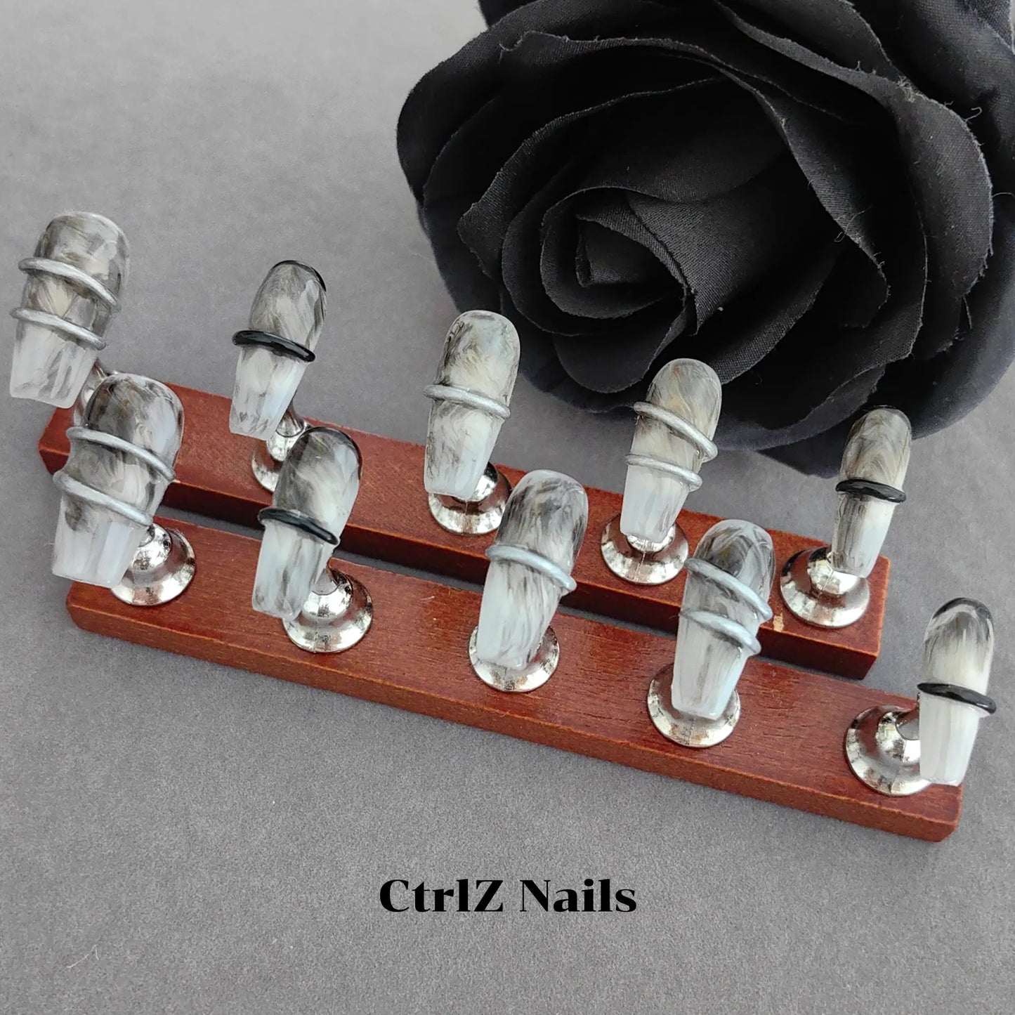 Medium Coffin Handmade Fake Nails in Dark Gothic Style with Edgy Mechanical and Ink Wash Details
